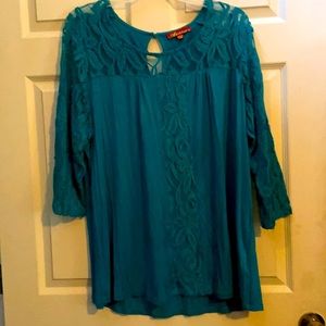 GUC Araxa Teal/Green Lace Yoke & Long Sleeves VERY STRETCHY Top, Sz 3x